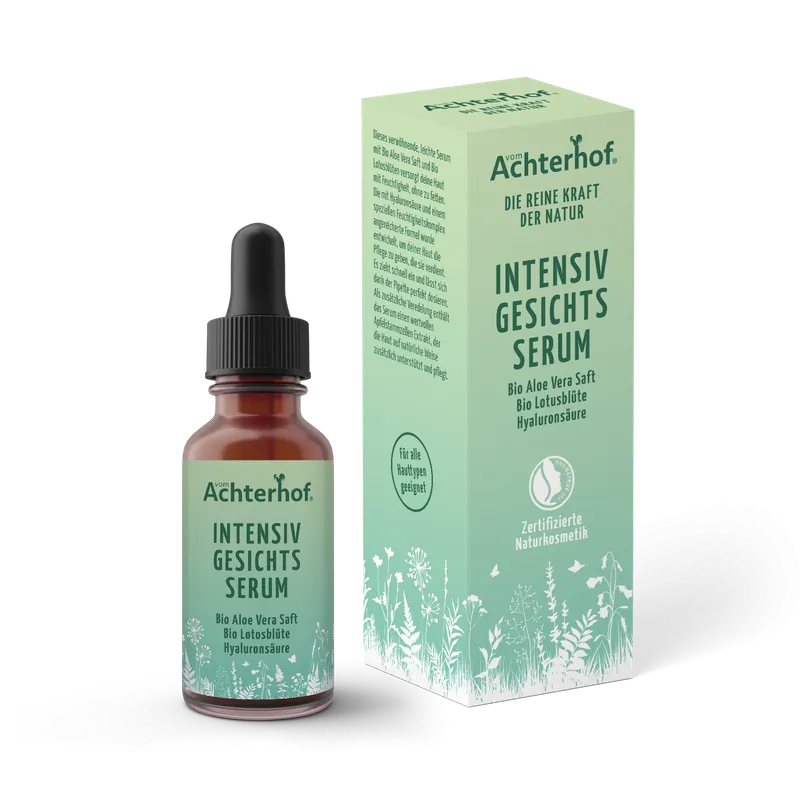 Intensiv Gesichtsserum mit Bio Aloe Vera Saft + Bio Lotosblüte und Hyaluronsäure (30ml)