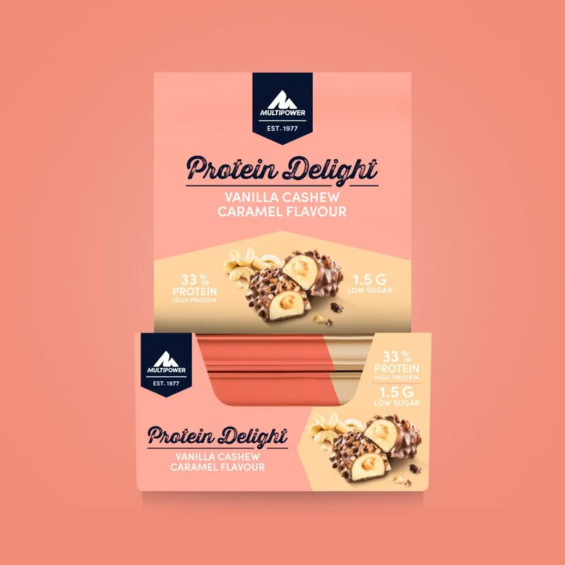 Karton (18x35g) Proteinriegel Vanille, Cashew & Karamell (Artikel mit verkürzter Haltbarkeit)