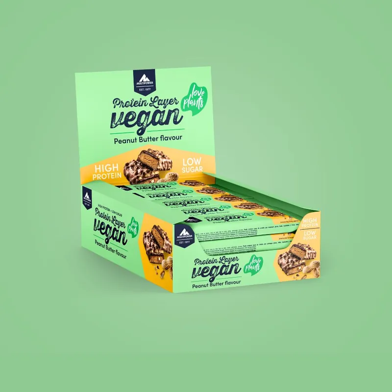 Karton (15x55g) Vegan Proteinriegel, Layer Peanut Butter (Artikel mit verkürzter Haltbarkeit)