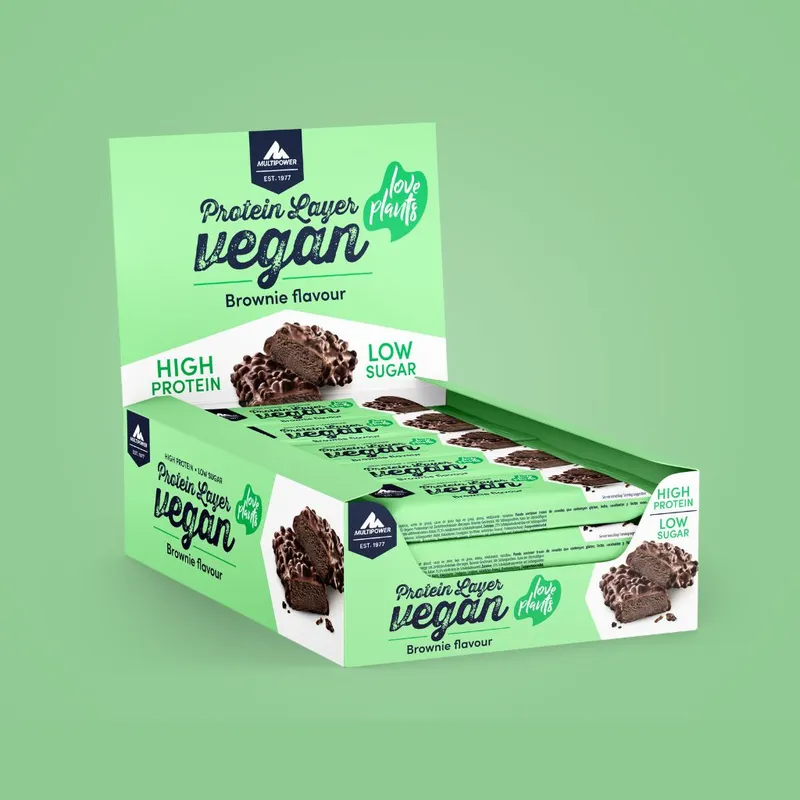 Karton (15x55g) Vegan Proteinriegel, Layer Brownie (Artikel mit verkürzter Haltbarkeit)