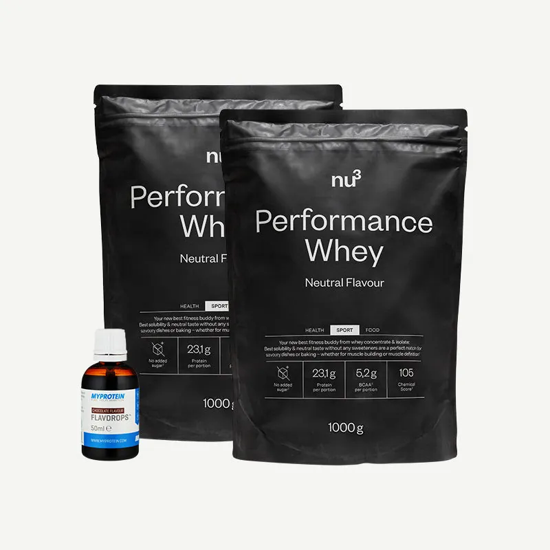 nu3 Performance Whey, Neutral + MyProtein FlavDrops, Schoko