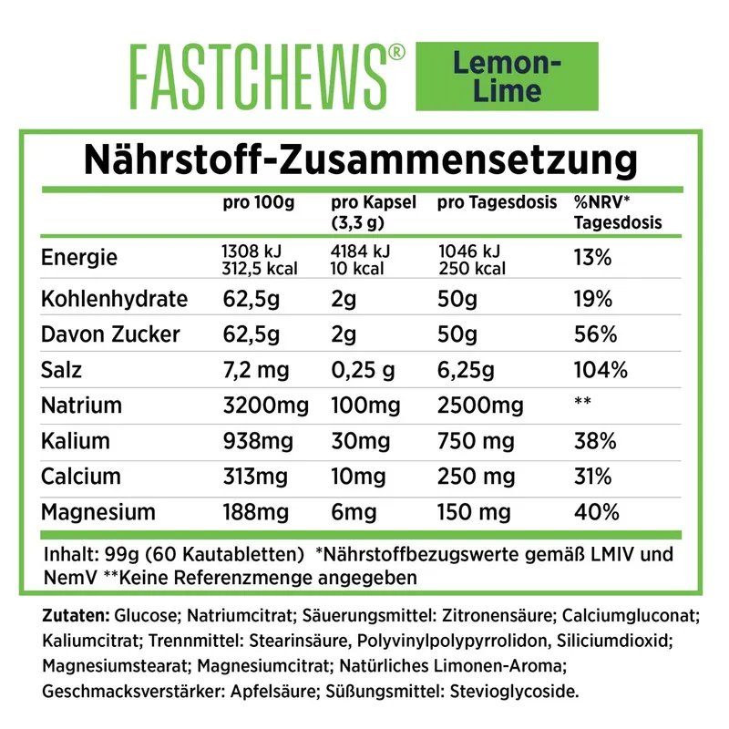 SaltStick FastChews Lemon Lime, Elektrolyt-Kautabletten, 10Stück, 16g